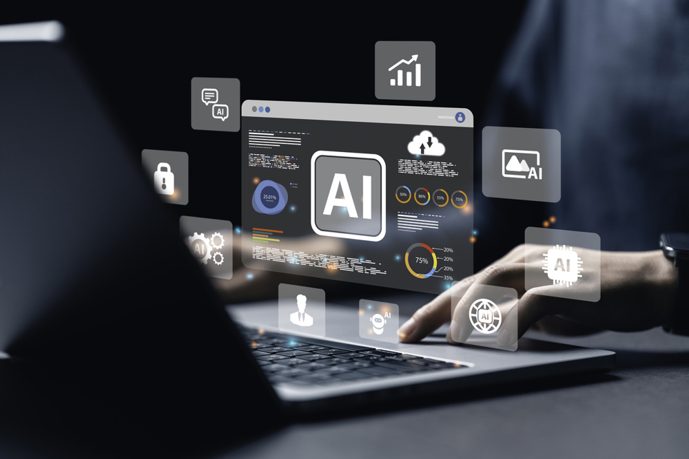 A data analyst using technology AI for working tool for data analysis Chatbot Chat with AI, using technology smart robot AI, artificial intelligence to generate something or Help solve work problems