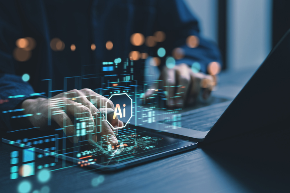 Humans are using laptops and computers to interact with AI, helping them create, code, train AI, or analyze big data with fast, cutting-edge technology