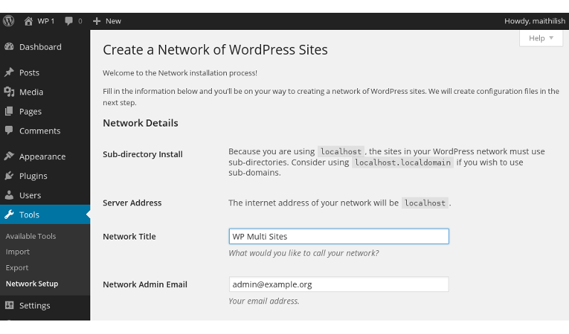 "WordPress Multisite Setup Step 1"